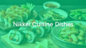 Colorful Nikkei cuisine dish featuring sushi rolls with Peruvian sauces and seafood stir-fry, vibrant and fresh, mix of Japanese and Peruvian ingredients, realistic food photography.