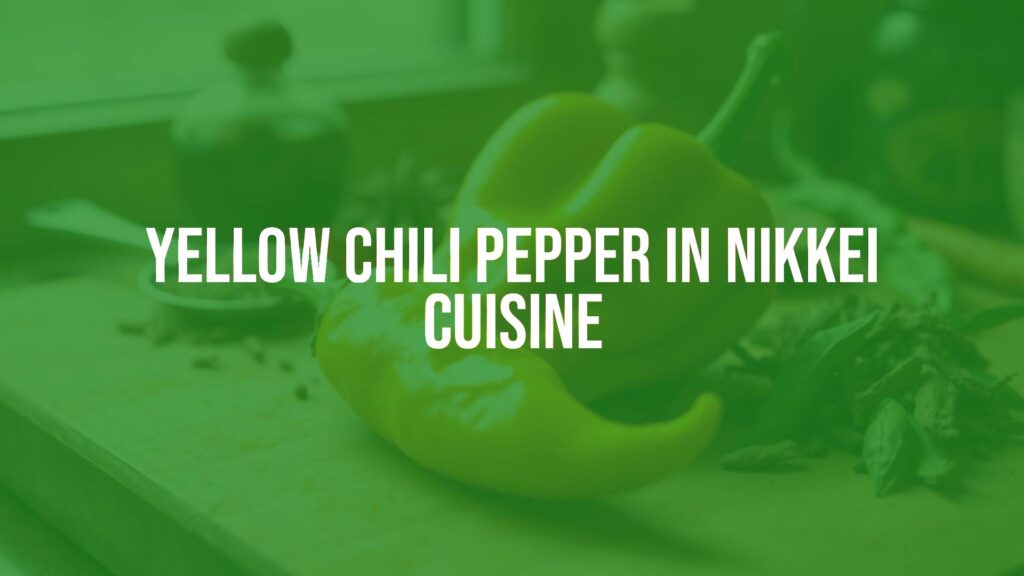 A vibrant yellow aji amarillo chili pepper, fresh and glossy, placed on a wooden cutting board with Japanese and Peruvian spices around it, warm and inviting lighting, realistic.