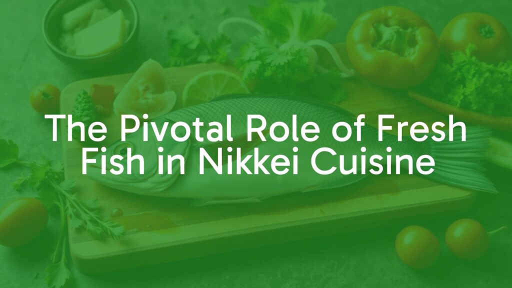 Fresh fish on a wooden cutting board, vibrant colors, Japanese and Peruvian ingredients around, clean and delicate presentation, natural lighting, realistic.