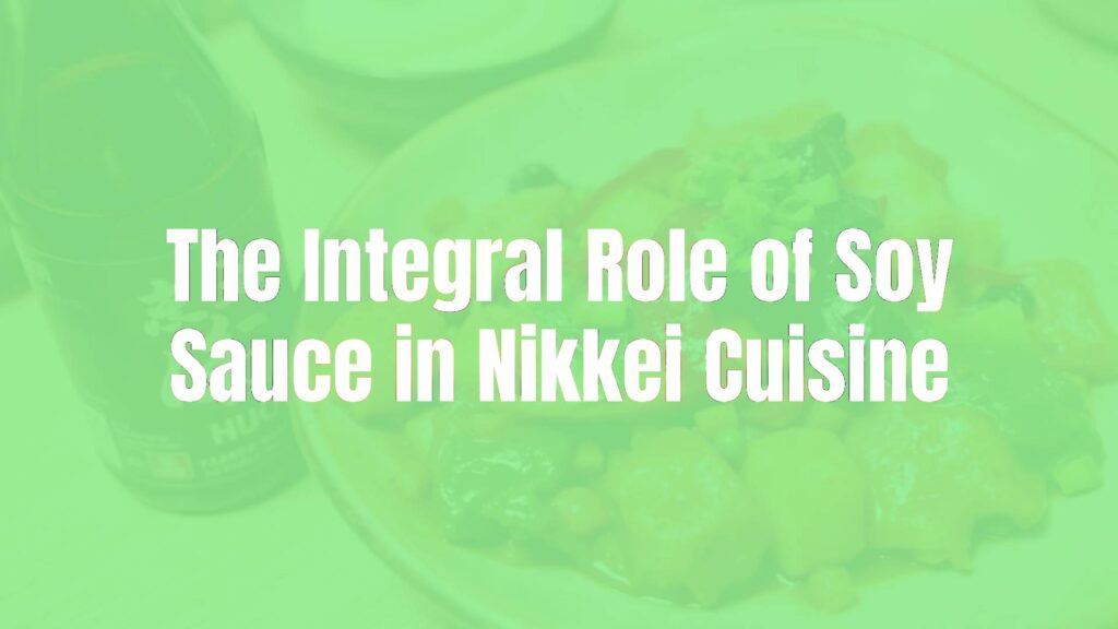 A bottle of soy sauce next to a colorful Nikkei cuisine dish, vibrant ingredients, umami-rich, fusion cuisine, appetizing.