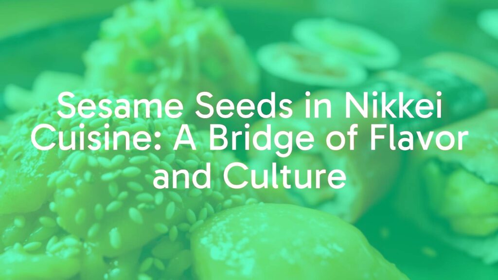 Close-up of sesame seeds sprinkled on a vibrant Nikkei dish, featuring colorful ceviche and sushi rolls, warm lighting, realistic.