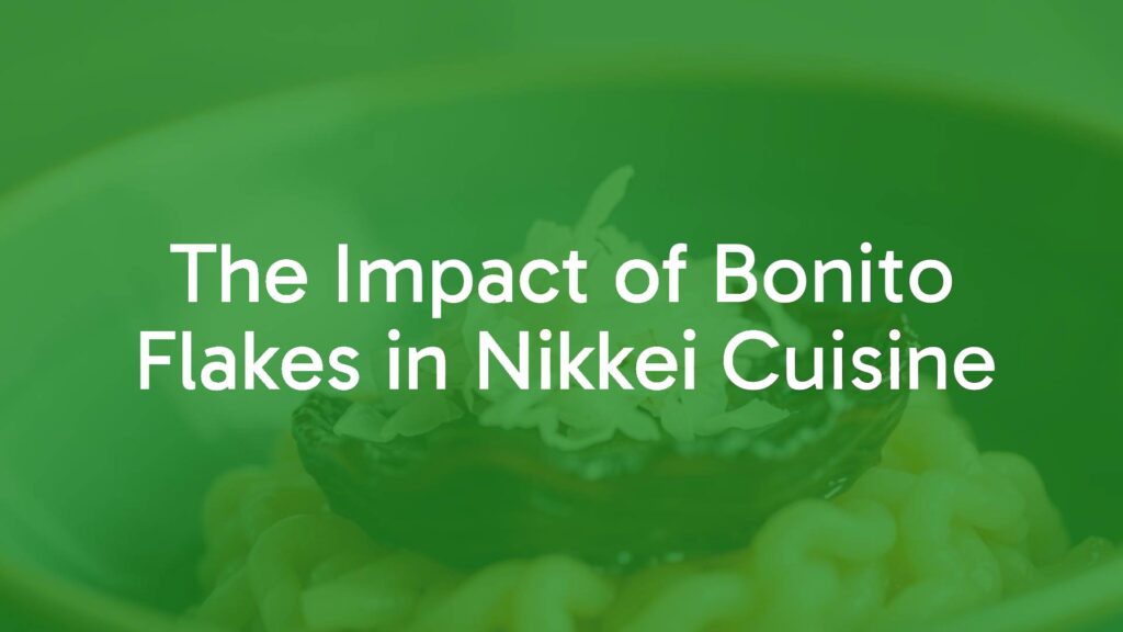 Delicate bonito flakes on a dish of Nikkei cuisine, umami-rich fusion of Japanese and Peruvian flavors, vibrant and appetizing, hyperrealistic.