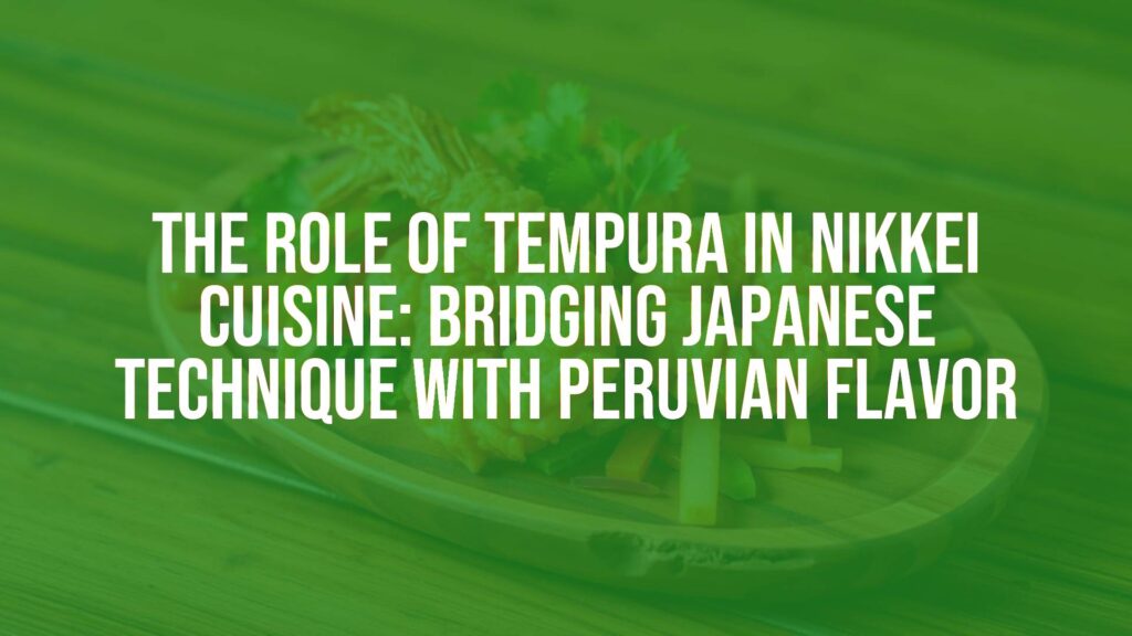 Golden tempura shrimp on a rustic wooden plate, crispy batter, vibrant Peruvian vegetables, warm lighting, traditional Japanese and Peruvian fusion, appetizing.