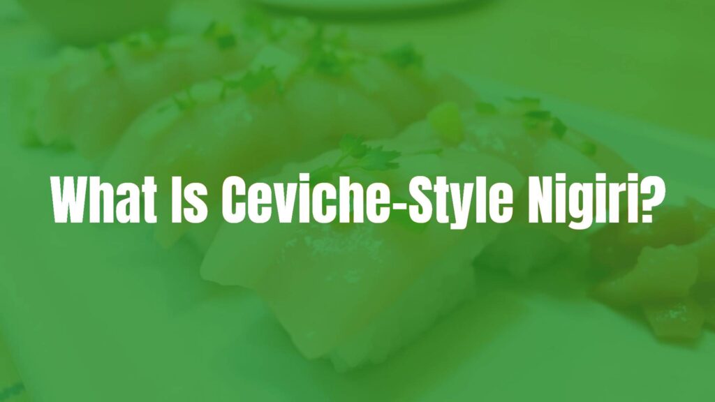 Fresh ceviche-style nigiri, raw seafood marinated in citrus juice, placed on vinegared sushi rice, vibrant colors, clean presentation, Japanese-Peruvian fusion cuisine, appetizing and detailed.