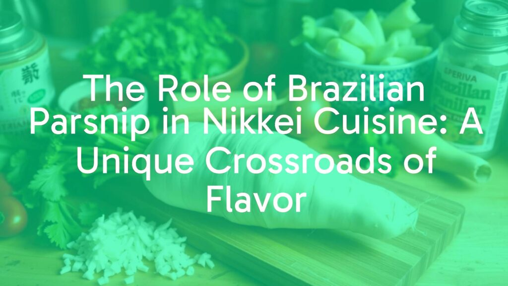 Brazilian parsnip in Nikkei cuisine, creamy white root vegetable on a wooden cutting board, Japanese and Peruvian ingredients around, warm and inviting kitchen lighting, realistic.