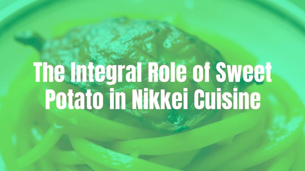 Sweet potato dish in Nikkei cuisine, vibrant orange and yellow hues, fusion of Japanese and Peruvian styles, close-up with textures of caramelized skin and creamy interior, elegant plating, warm lighting, realistic.