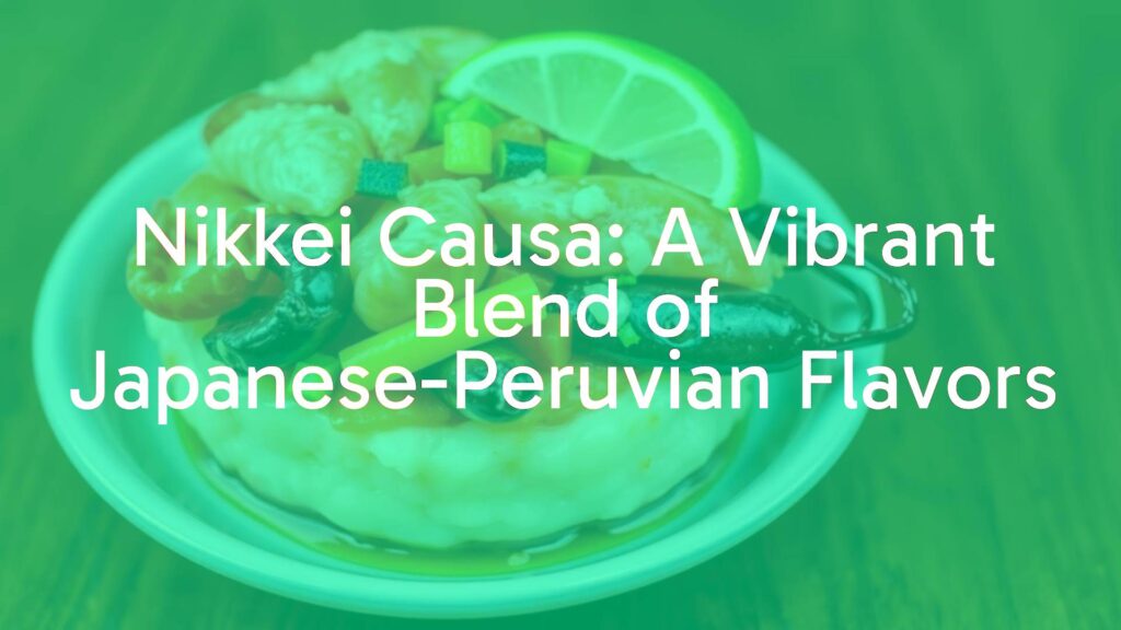 Nikkei causa dish, vibrant layers of mashed potatoes with Japanese-inspired seafood toppings, yellow chili pepper, lime garnish, fusion cuisine, colorful and appetizing, realistic food photography.