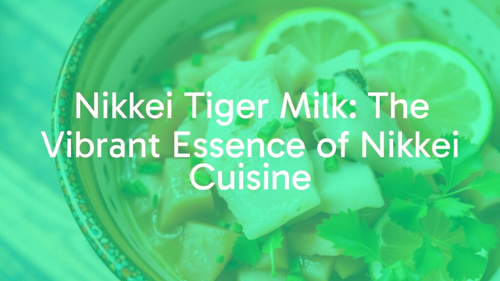 A vibrant bowl of Nikkei tiger milk with fresh fish, lime slices, and herbs, colorful and appetizing, fusion cuisine style.